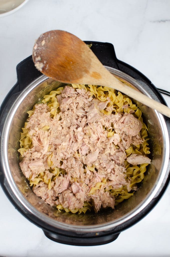 tuna and noodles in pot