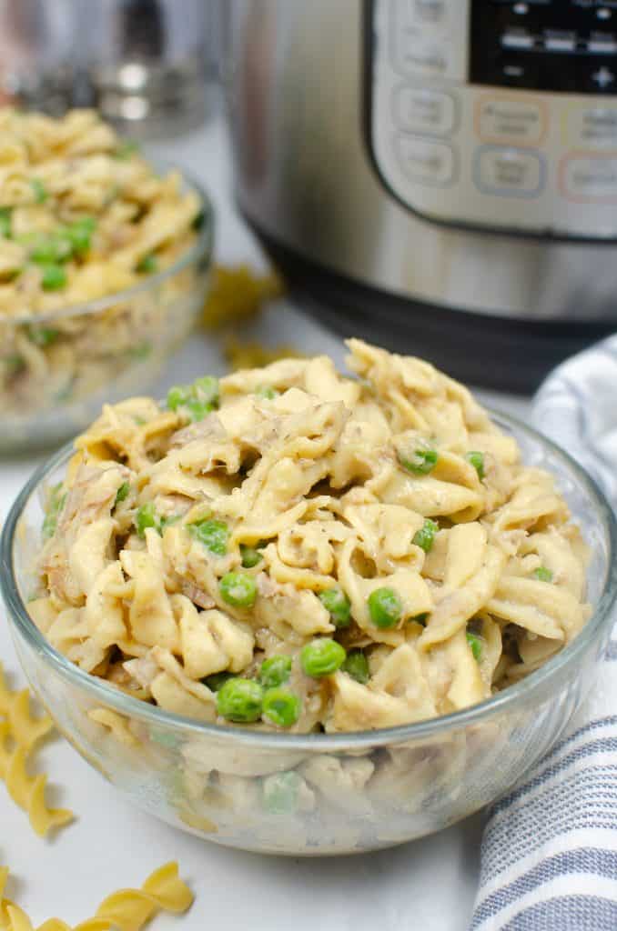 Instant Pot Tuna Noodle Casserole in tall glass bowls
