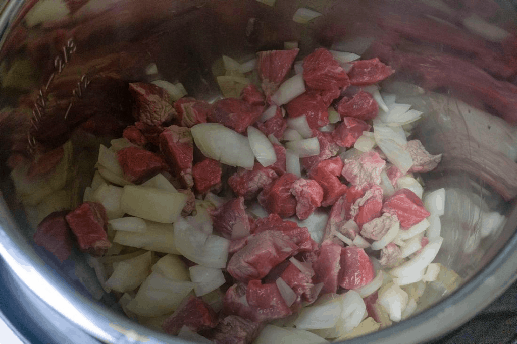 onions and beef in pot