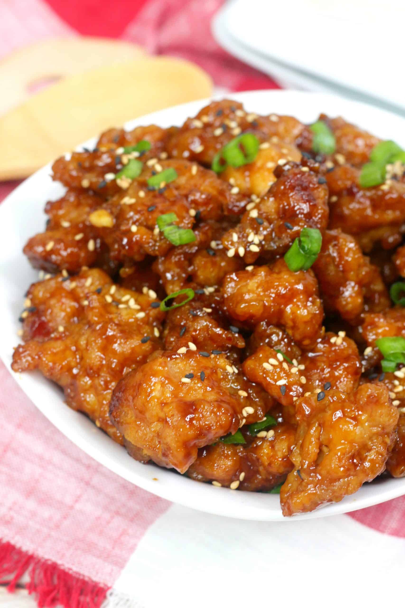 Close up of general tso chicken