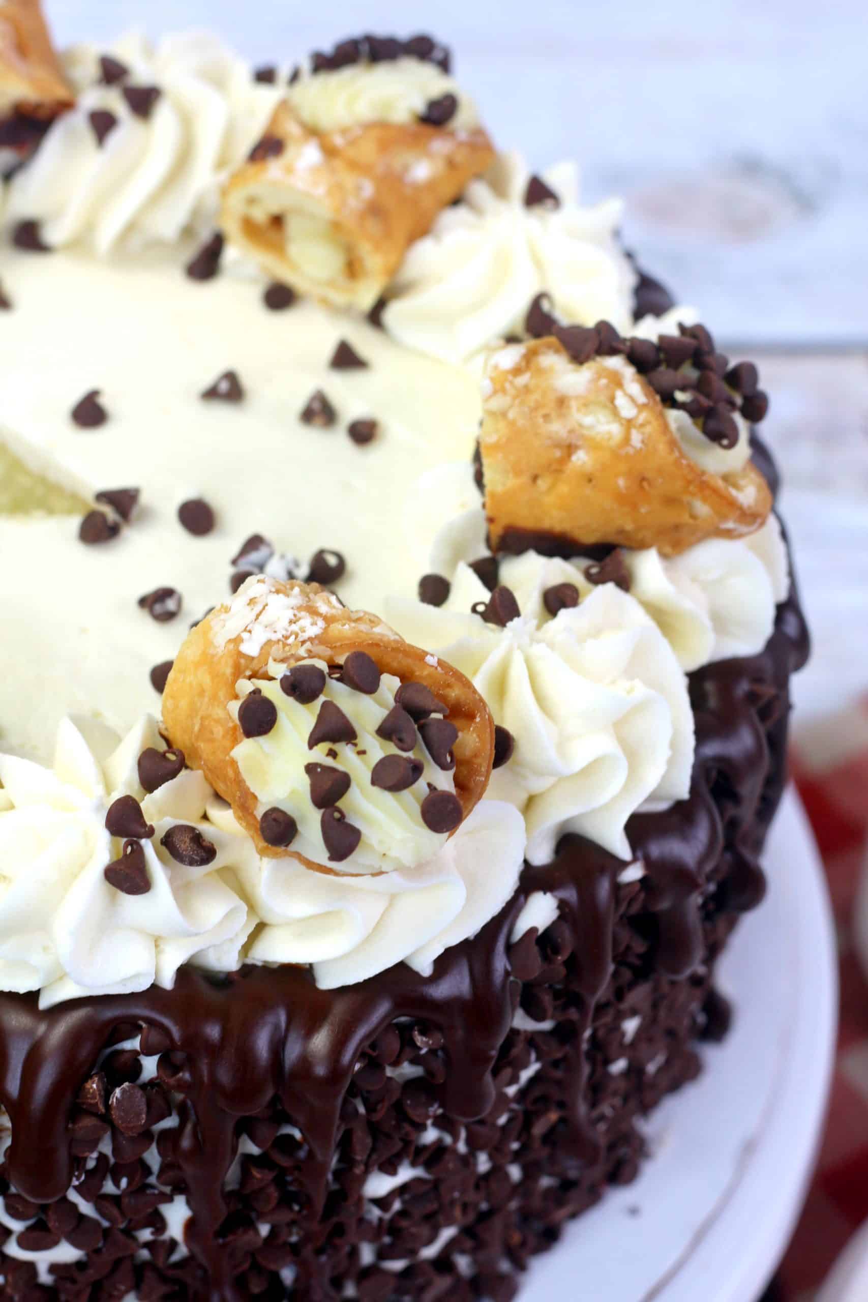 A chocolate-drizzled cake decorated with piped cream, mini cannoli, and chocolate chips around the edge.