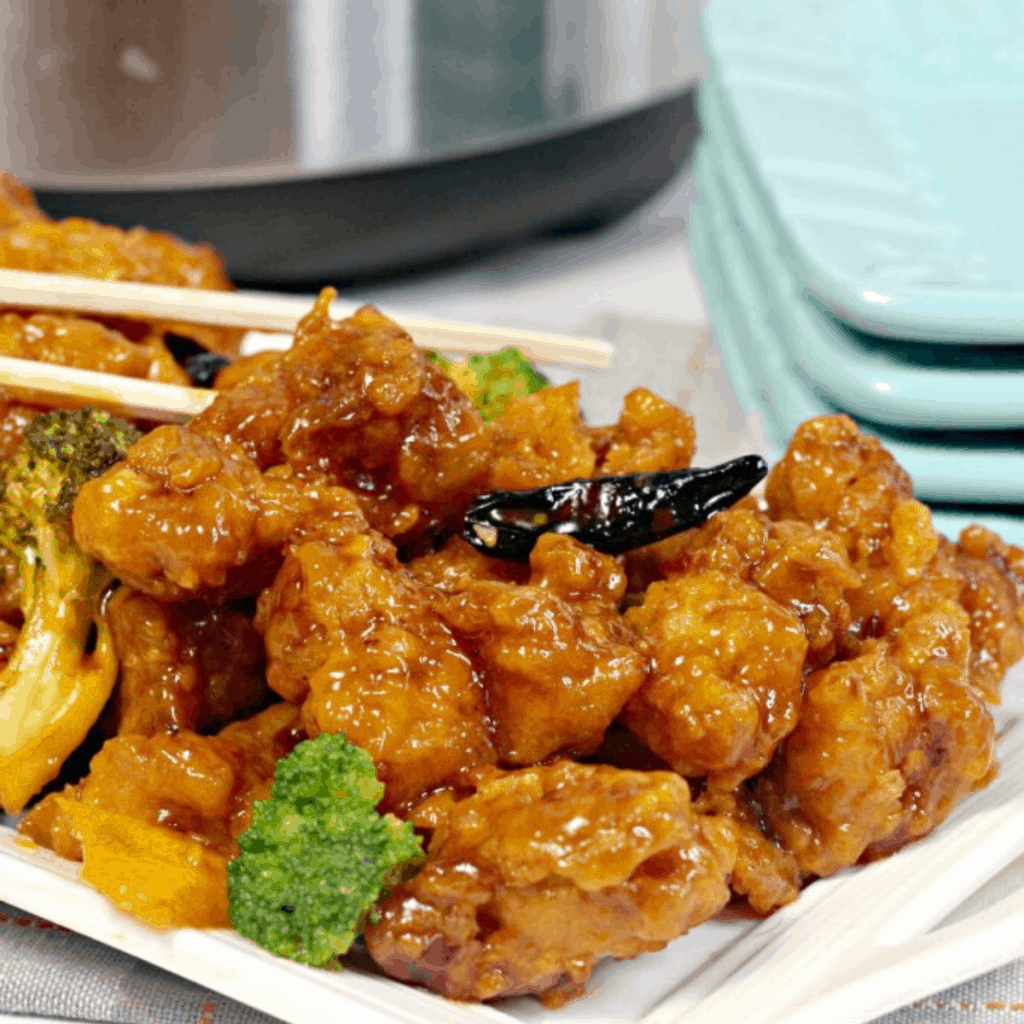 A plate of Instant Pot orange chicken, glazed and fried, is served with broccoli and dried chili peppers. Chopsticks rest beside a stack of blue plates, ready for a flavorful meal.