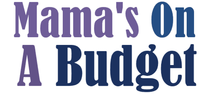 The image displays the phrase Mamas On A Budget in large, bold, purple and blue letters on a transparent background.
