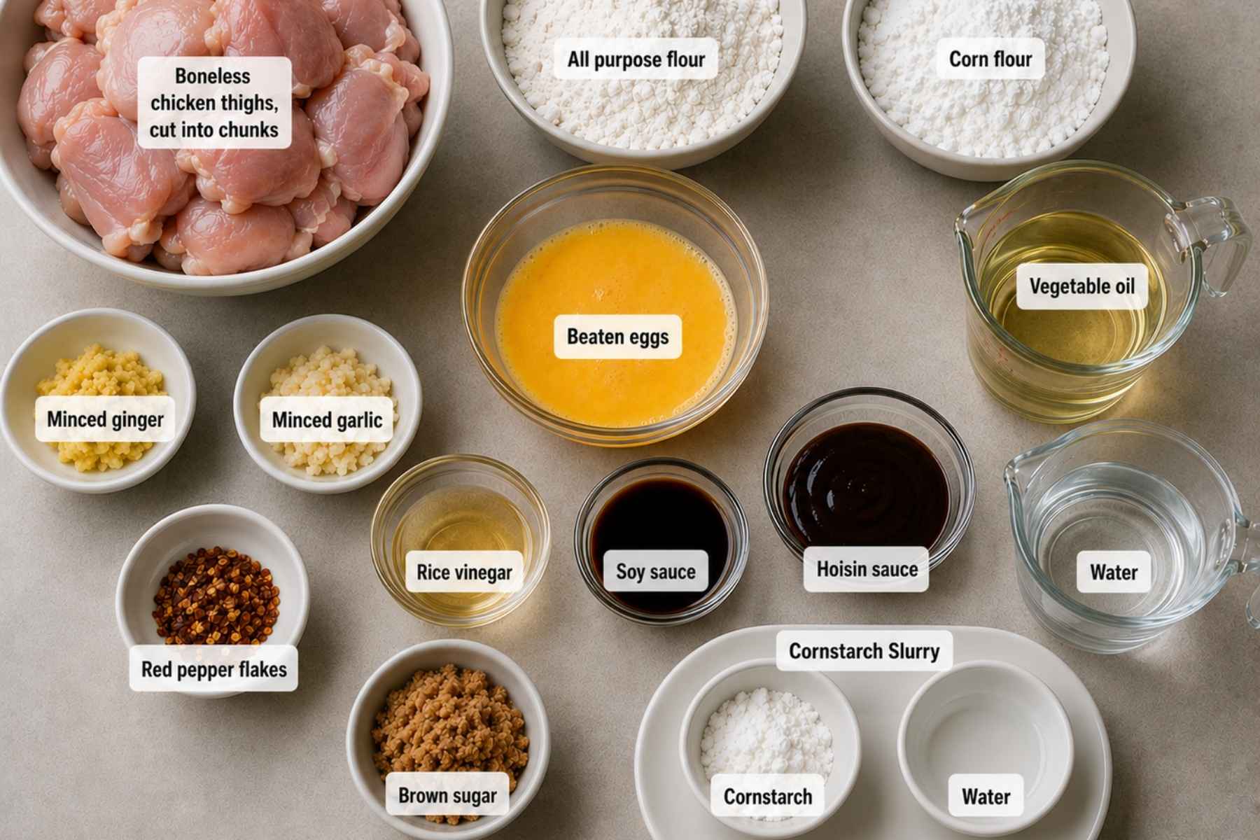 Various labeled ingredients for General Tso Chicken in bowls and cups, including chicken chunks, flours, beaten eggs, sauces, minced ginger and garlic, oil, water, red pepper flakes, brown sugar, and cornstarch slurry.