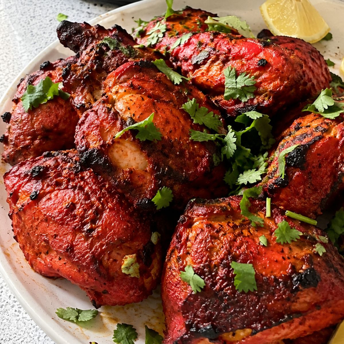 Grilled pieces of succulent Tandoori Chicken are garnished with fresh cilantro and served on a white plate with a lemon wedge.