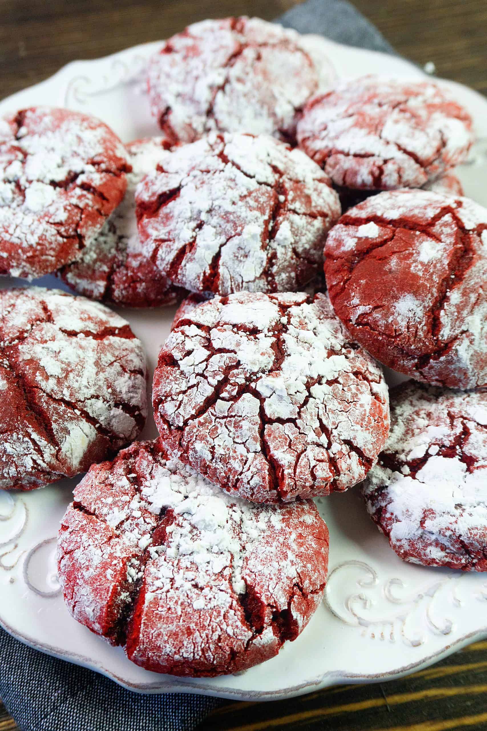 red velvet crinkle cookies on plate