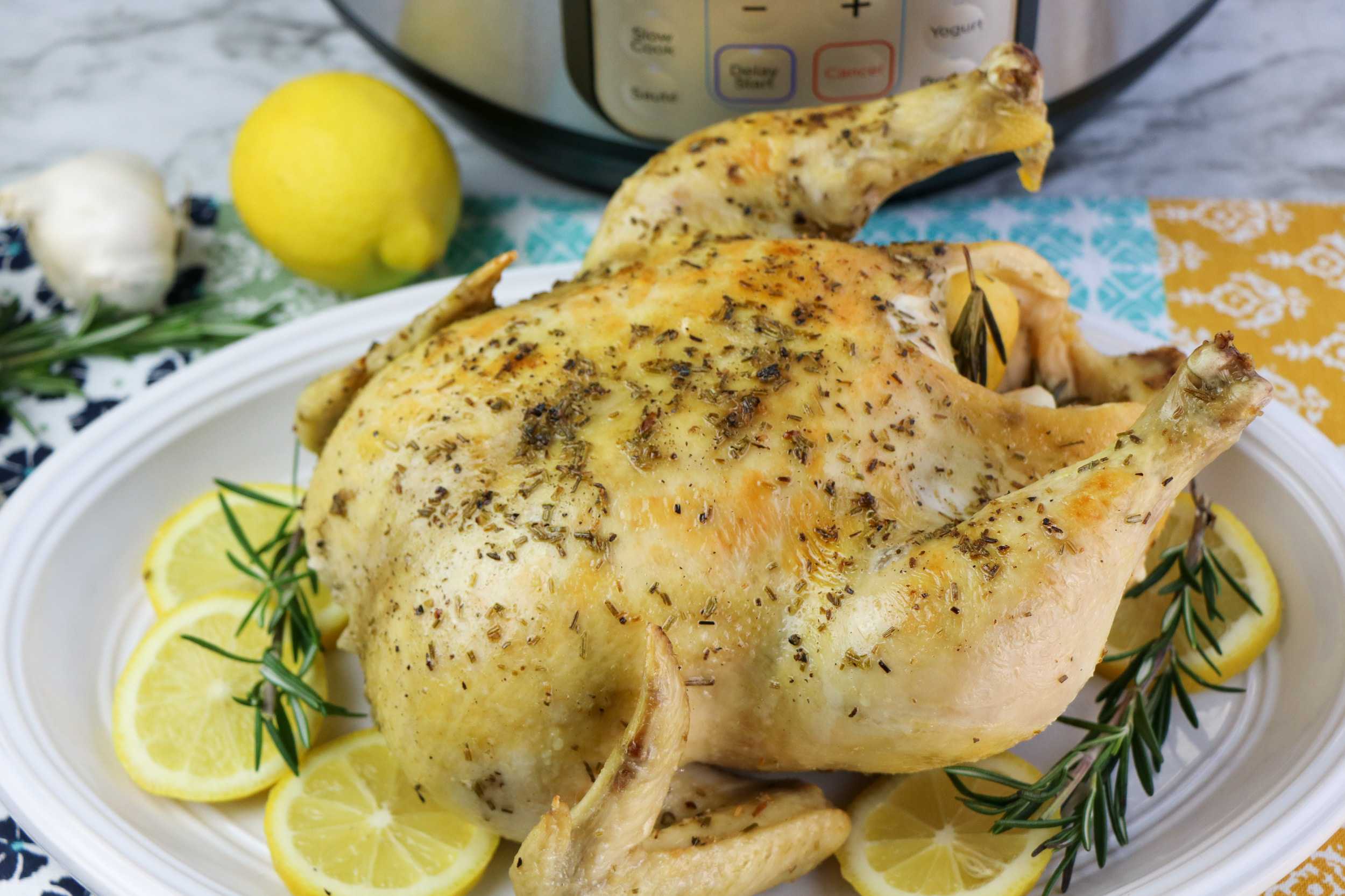 Close up of Instant Pot Whole Lemon and Garlic Chicken