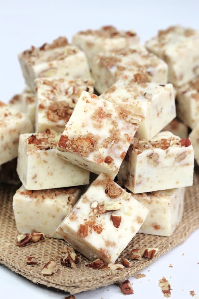 Carrot Cake fudge on tablecloth