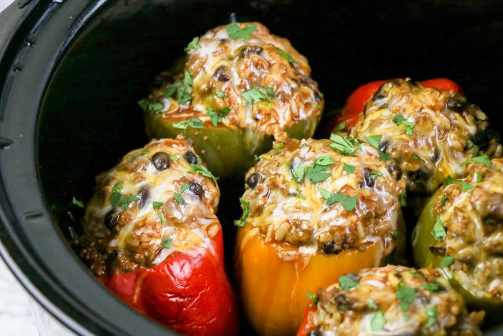 finished stuffed peppers in slow cooker.