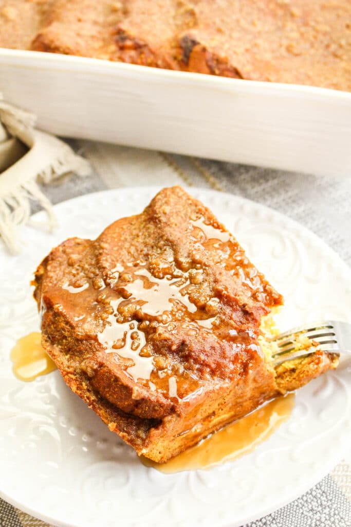 birds eye image of Pumpkin French Toast Casserole on a white plate