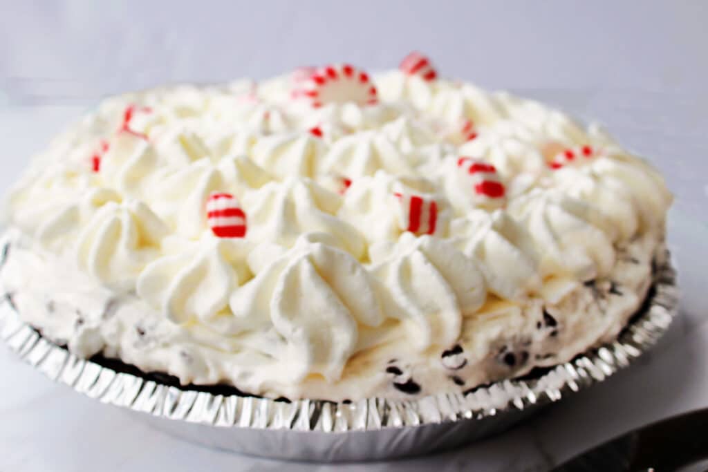 Close up image of the entire Candy Cane Pie in the pie shell