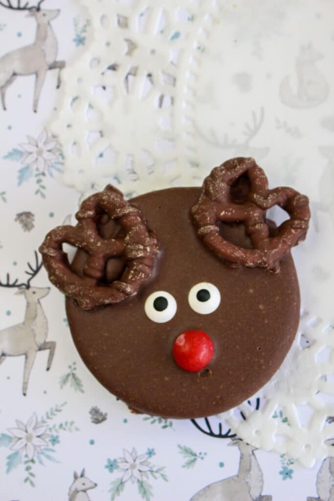 close up image of one reindeer cookie on a table
