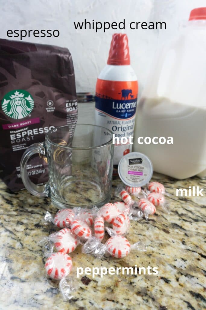 ingredients for espresso peppermint hot chocolate on a marble countertop