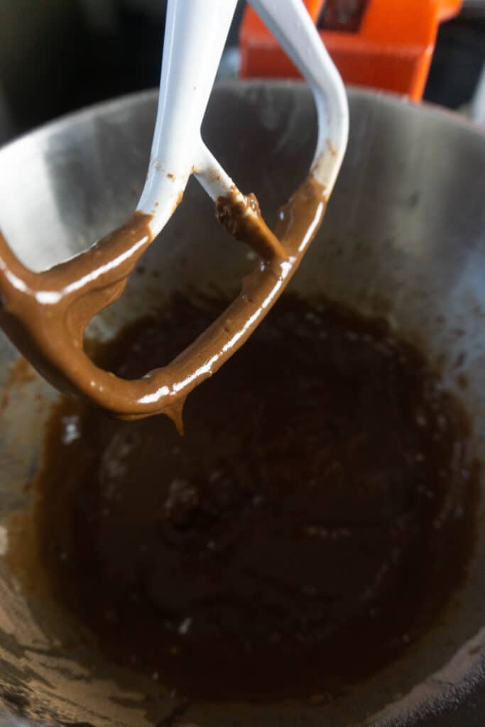 chocolate batter in mixer