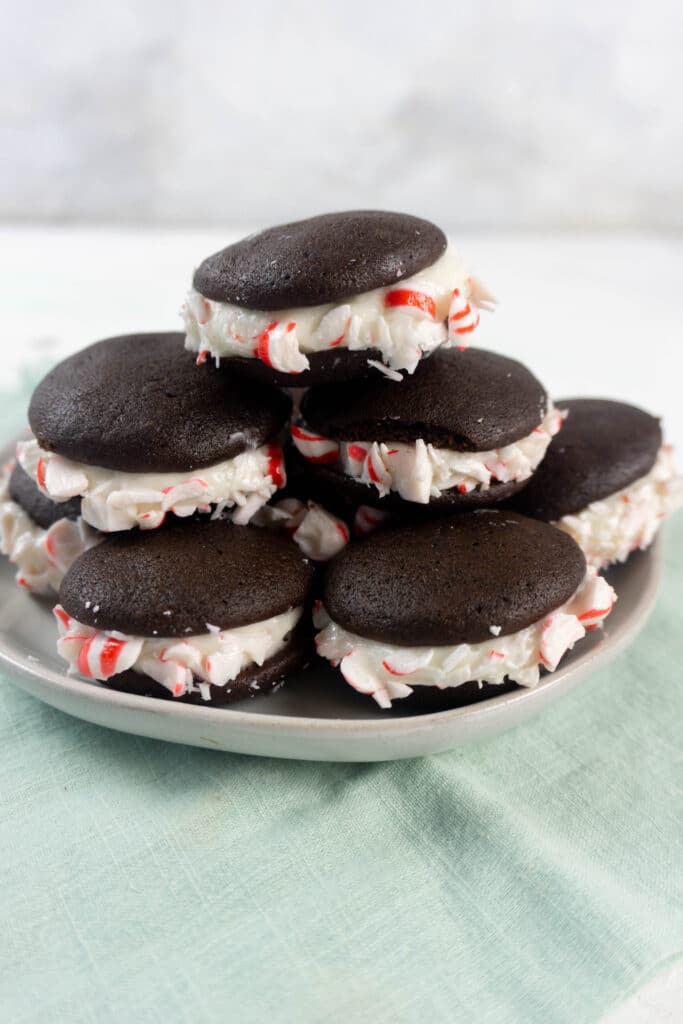 Seven Mini Whoopie Pies on a gray plate