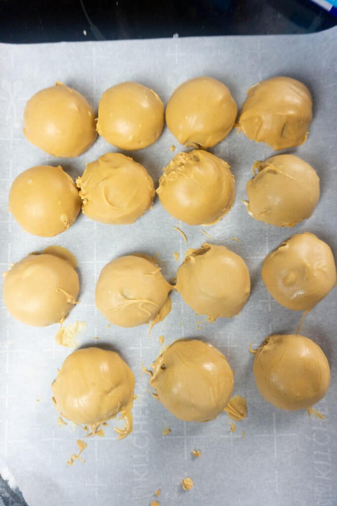 dipped peanut butter truffles on a piece of wax paper