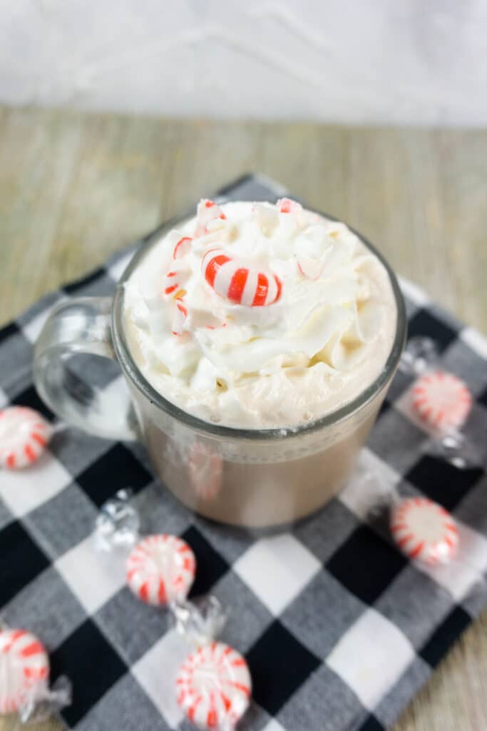 birds eye view of a mug of peppermint mocha topped with whipped cream and a peppermint