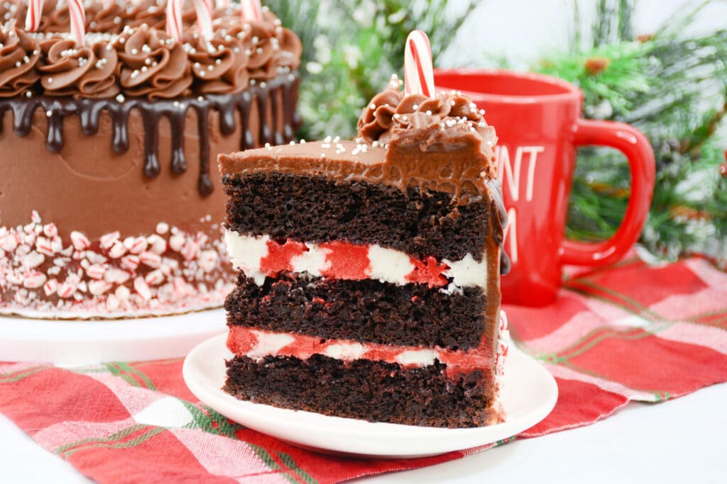 slice of candy cane cake on a white plate