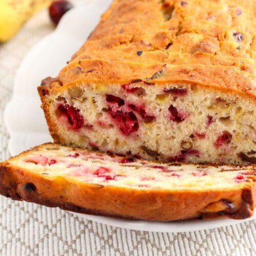 square image of a loaf of cranberry walnut banana bread