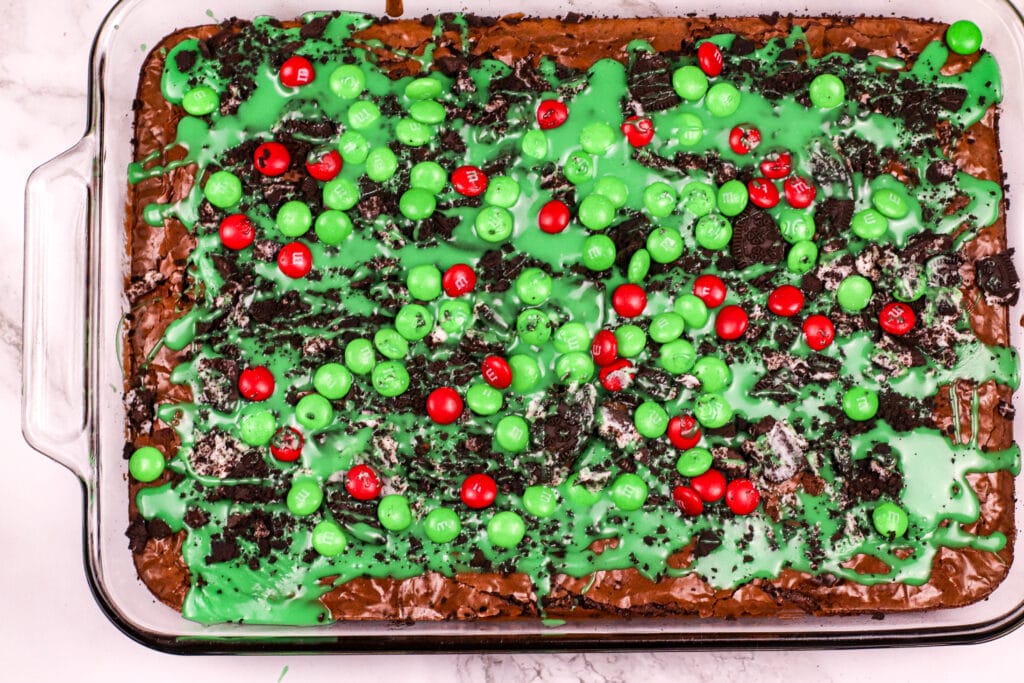 finished grinch brownies in a baking pan