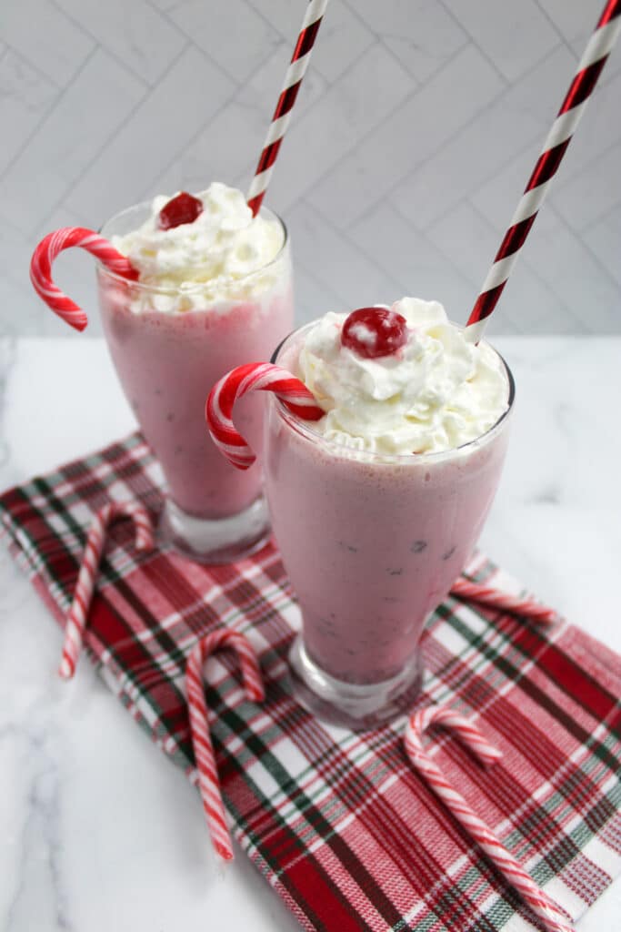 Copycat Chickfila Peppermint Milkshakes on top of a red and green napkin