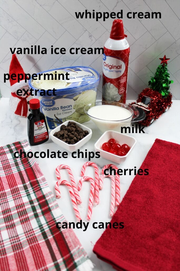 ingredients for peppermint milkshakes on a counter