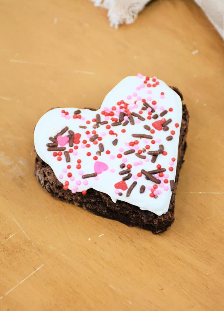 finished heart brownie on a wooden table