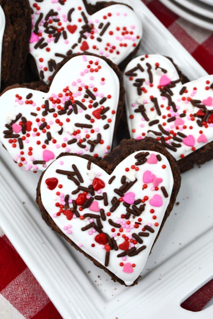 close up image of heart shaped white chocolate brownies