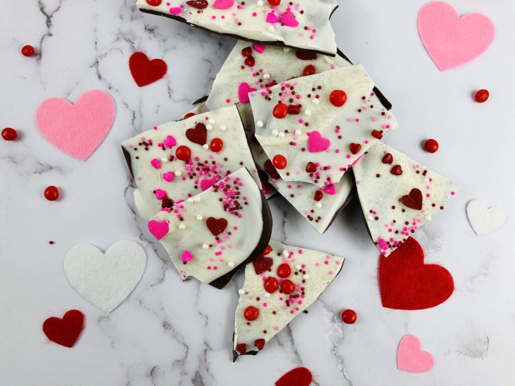 Valentine's Bark broken into pieces on a marble counter