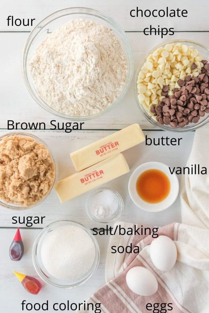 ingredients for pink chocolate chip cookies on a white baking ground