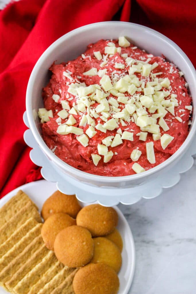 Red Velvet Cake Batter Dip with a bowl of graham crackers and Nilla wafers next to it.