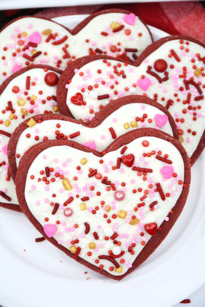 Heart-Shaped Red Velvet Cookies on a white plate
