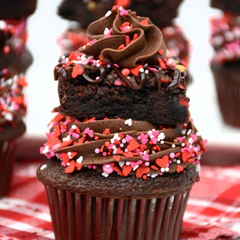 square image of a single Valentine's Day Chocolate Brownie Cupcake