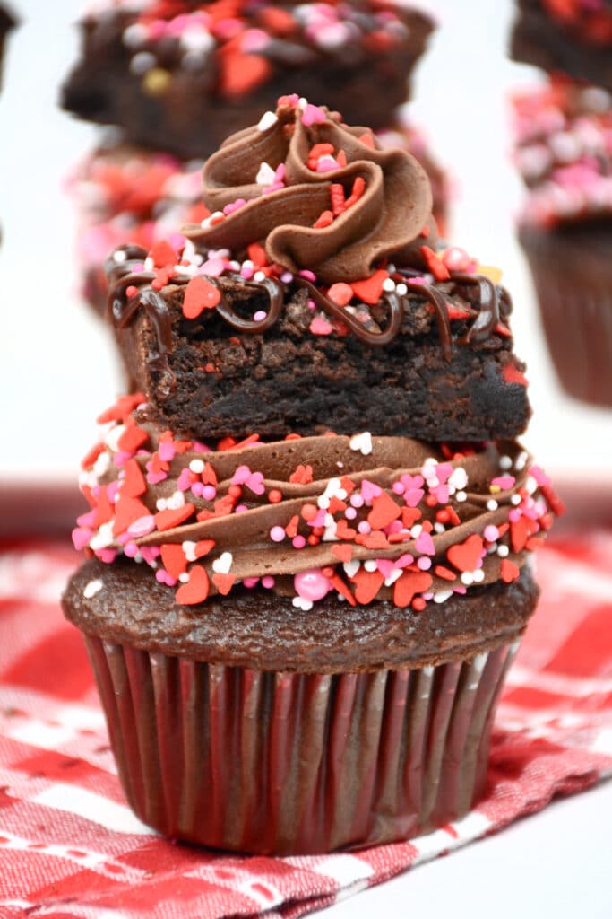 Close up of one Valentine's Day Chocolate Brownie Cupcake