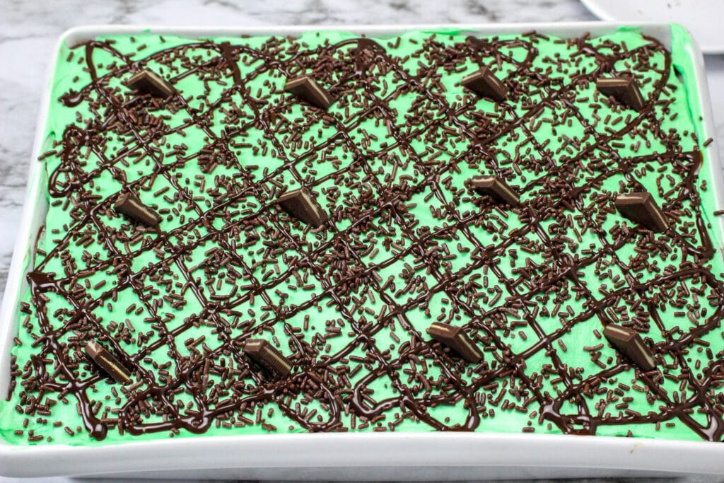 finished chocolate grasshopper cake in a white baking pan