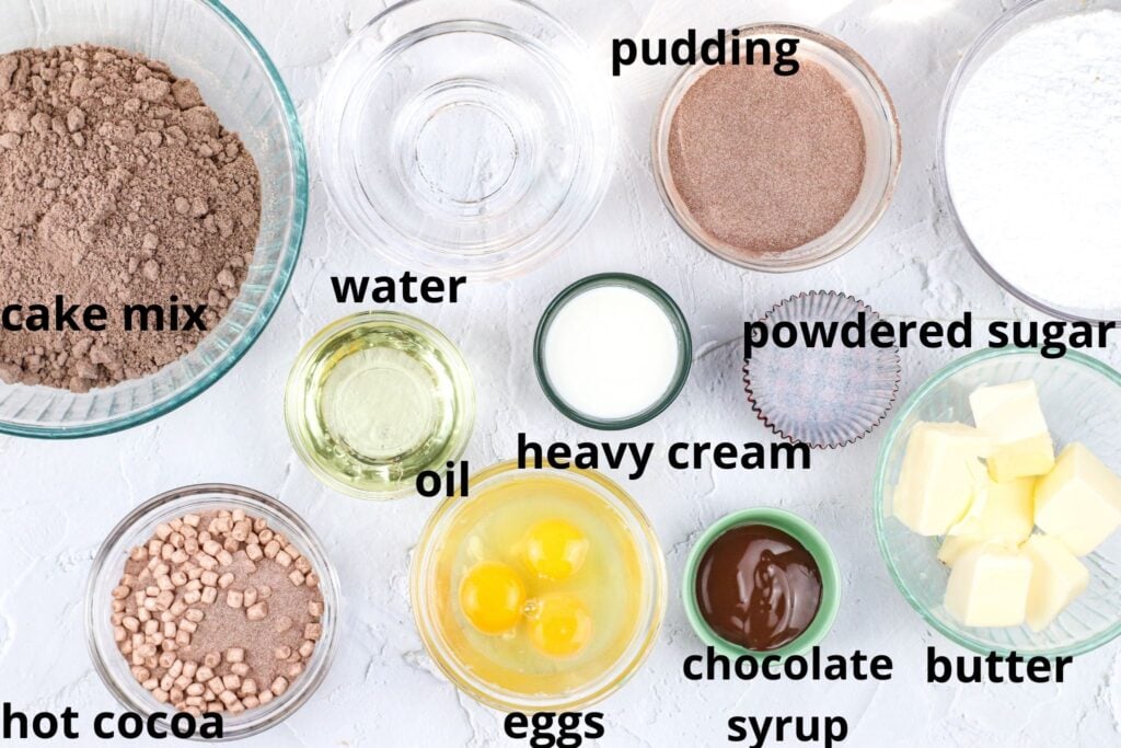 ingredients for hot cocoa cupcakes labelled with text