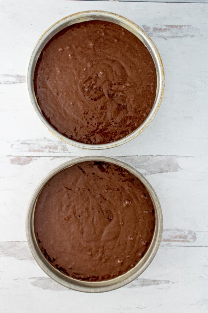 chocolate cake batter in two different round cake pans