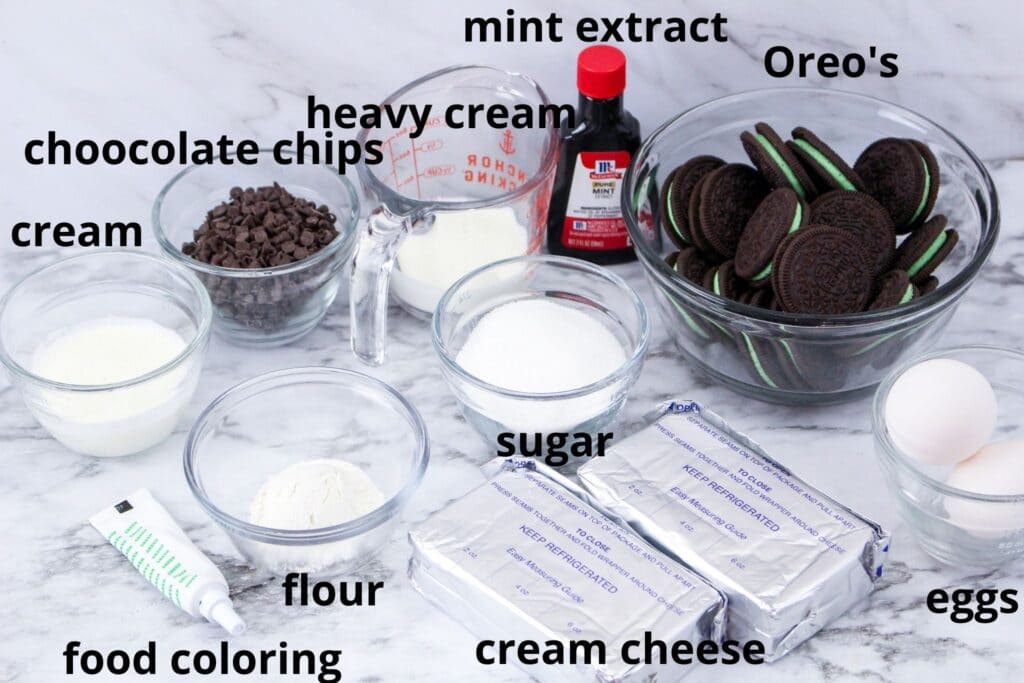 ingredients for instant pot mint cheesecake on a marble counter
