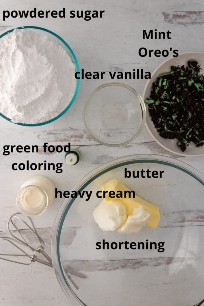 ingredients for Oreo Mint Cake on a white wooden background