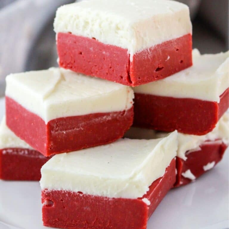 square close up image of red velvet fudge on a white plate
