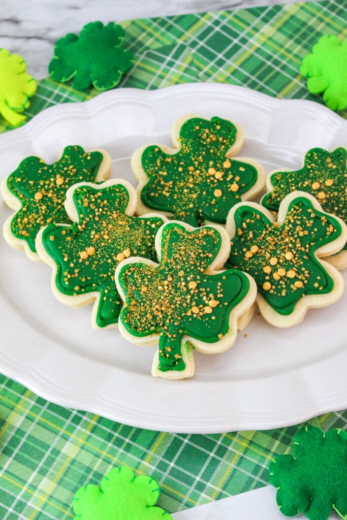 St Patrick's Day Sugar Cookies on a green and white background