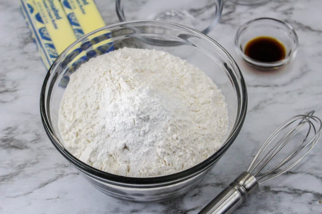 flour, baking soda and salt in a glass mixing bowl