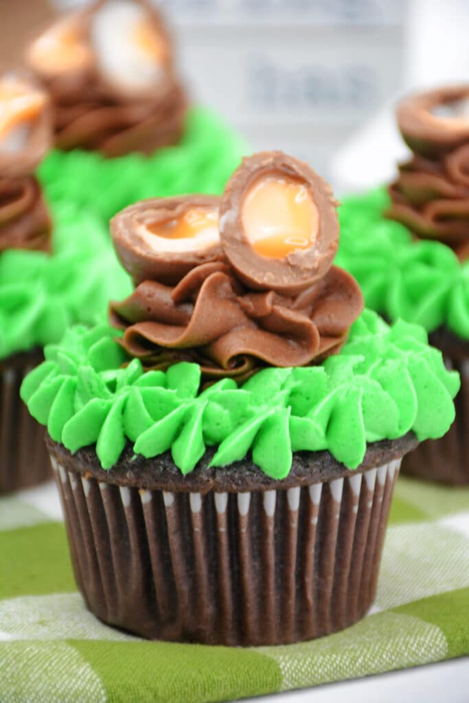Close up vertical image of a Cadbury Egg Cupcake on a green and white napkin