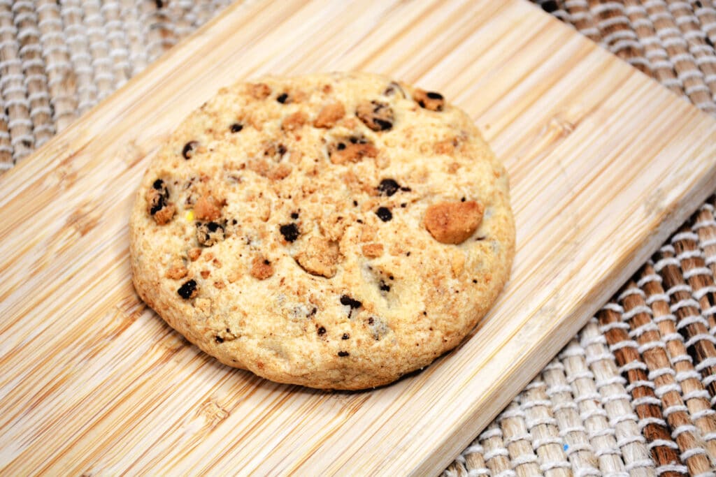 close up of a baked chocolate chip cookie