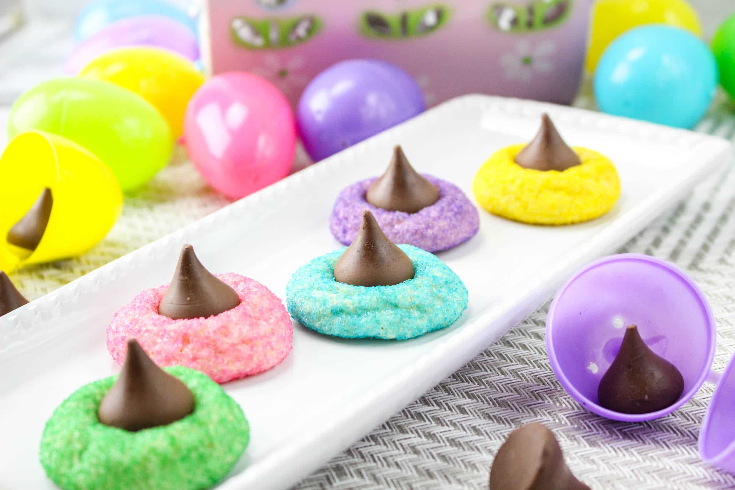 close up image of easter blossom cookies on a white tray