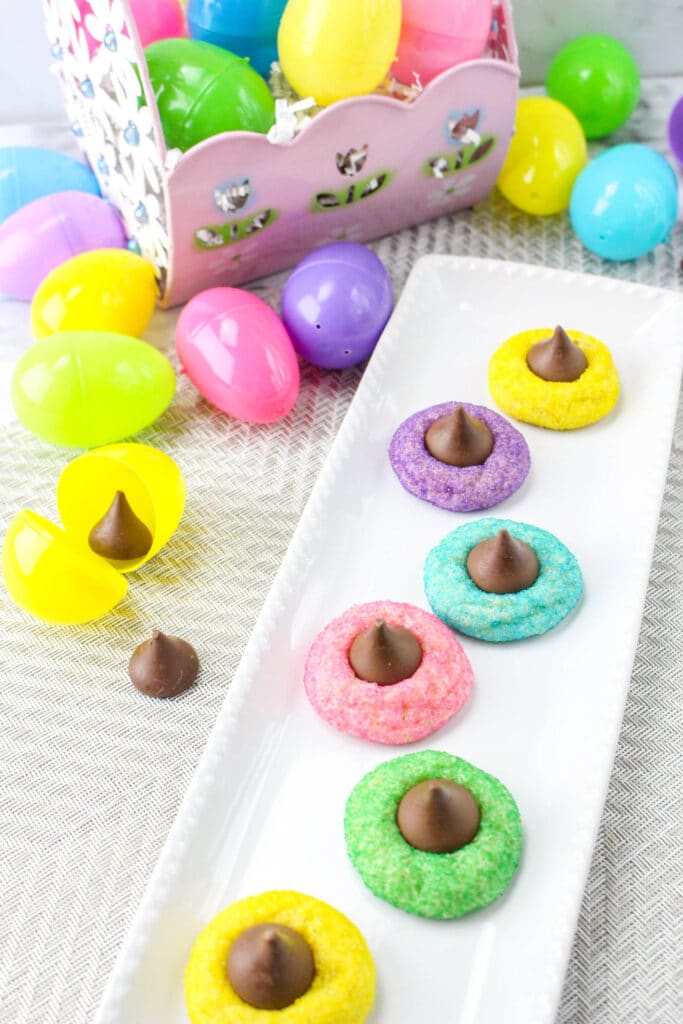 six Easter Blossom Cookies on a white rectangle tray