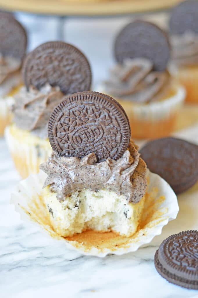 Oreo Cupcakes with one cupcake being bitten in half