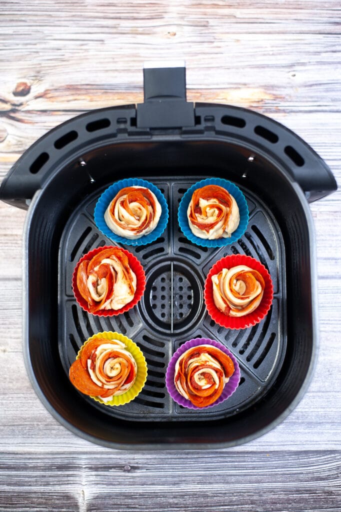 air fryer pepperoni roses rolled up in muffin cups