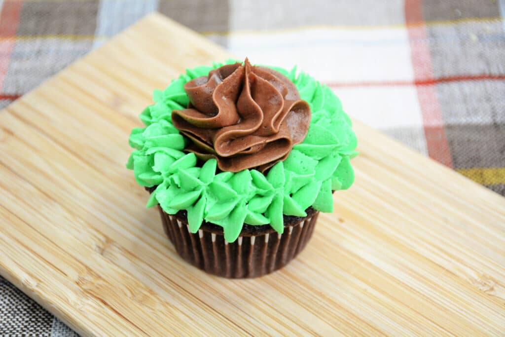 chocolate cupcake topped with green and chocolate frosting