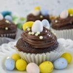 Chocolate Mini eggs cupcakes on a white plate